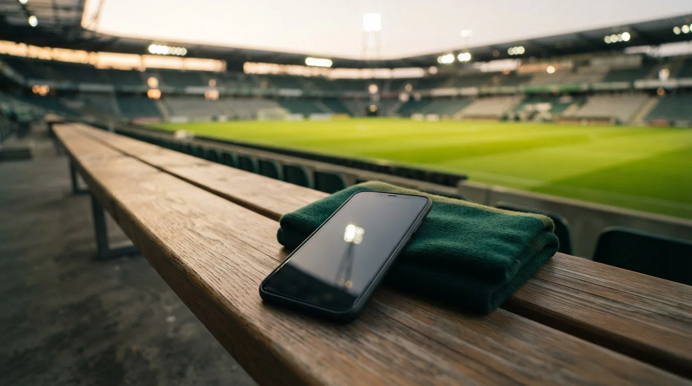 Smartphone auf einer Holzbank im Stadion vor unscharfen Tribünen und Flutlicht