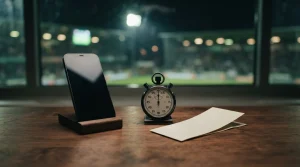 Smartphone neben einer Sportuhr auf einem Holztisch vor unscharfem Stadionlicht