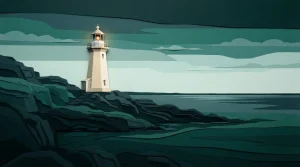 Leuchtturm an einer felsigen Küste unter dem Abendhimmel